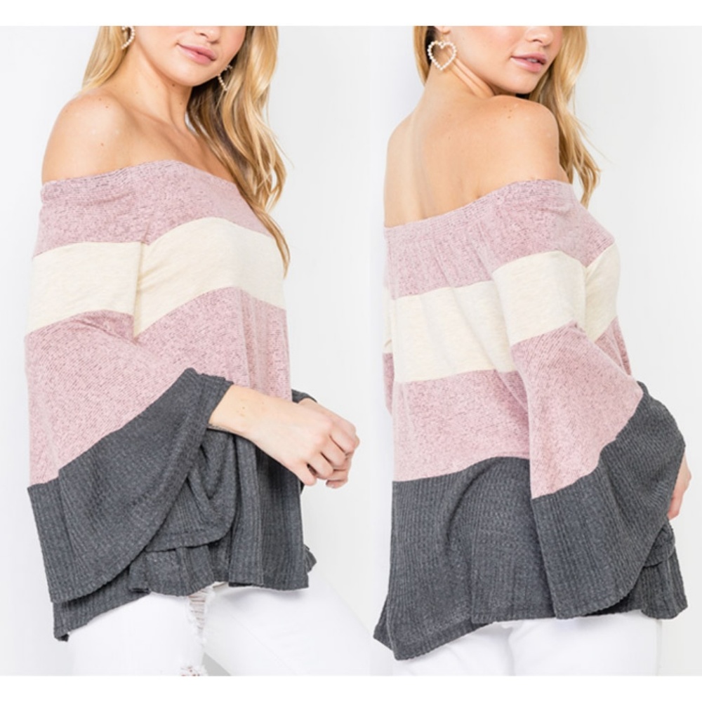 Soft Cozy Off Shoulder Color Block Bell Sleeve Top - Picture 2 of 8